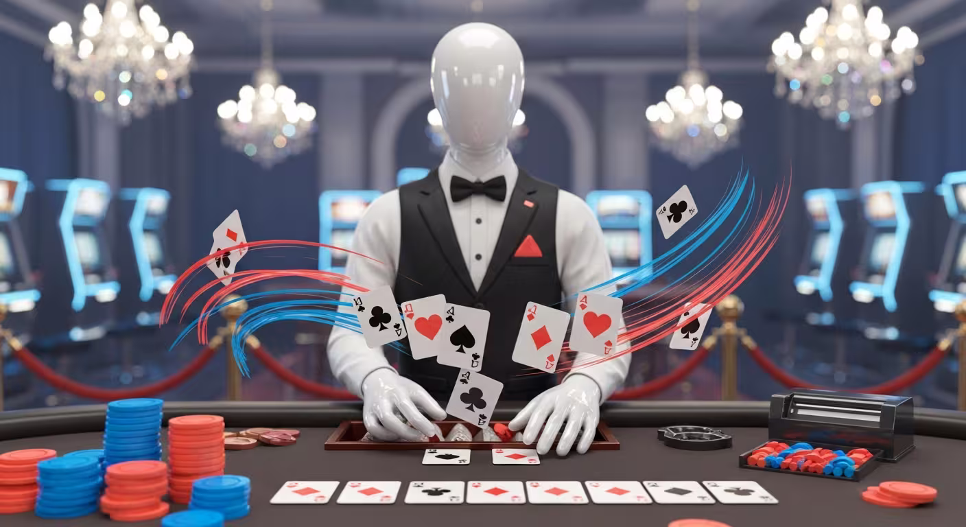 Live dealer smiling confidently during a high-stakes blackjack game in a professional studio